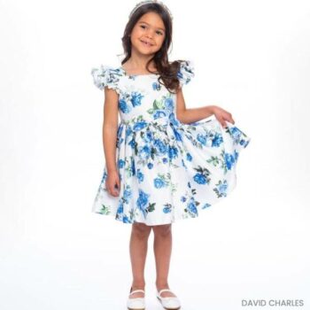 David Charles EID White Blue Floral Satin Summer Party Dress