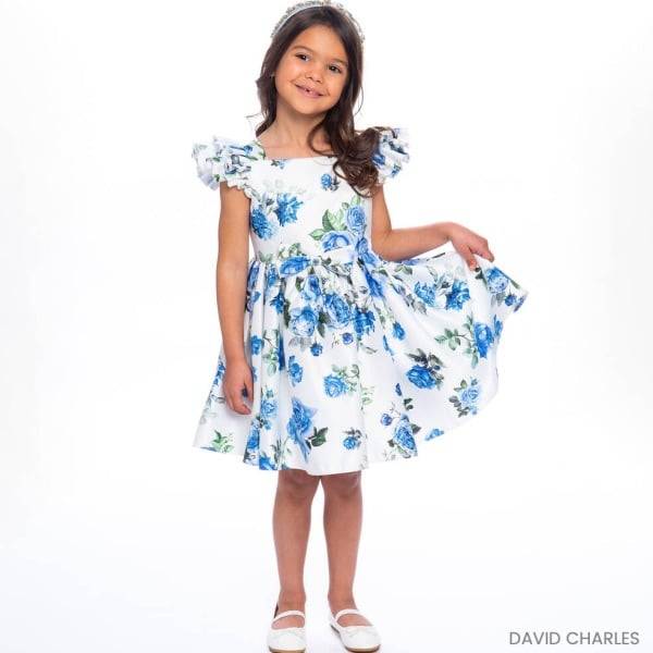 David Charles EID White Blue Floral Satin Summer Party Dress