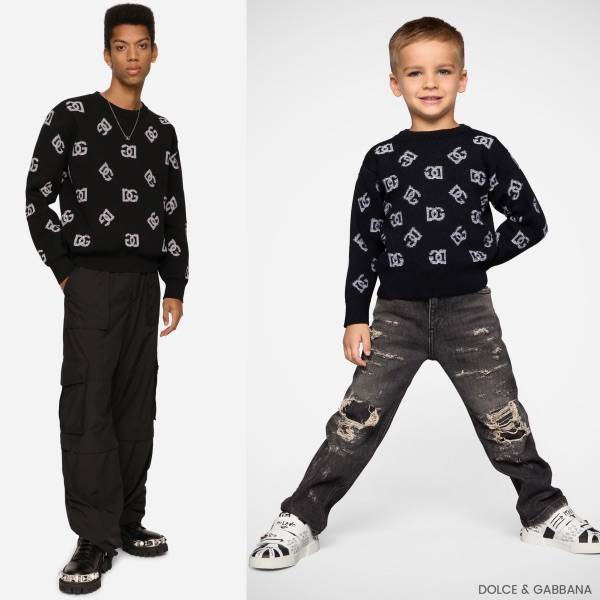 Dolce Gabbana Kids Boys Min Me Black DG Logo Sweater Denim Pants