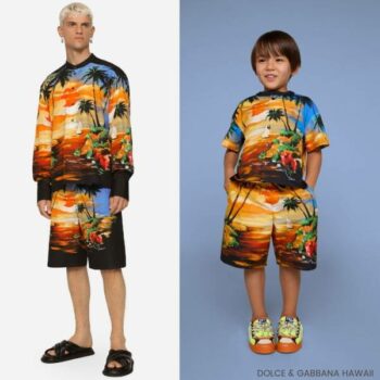 Dolce Gabbana Kids Boys Mini Me EID Orange Black Hawaii Shirt Swim Shorts
