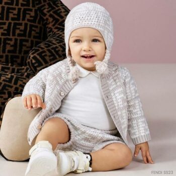 Fendi Baby Beige Ivory FF Logo Chenille Knit Cardigan Short Outfit