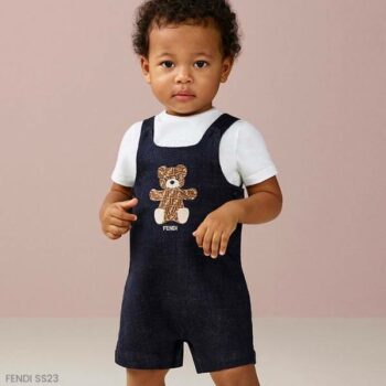 Fendi Baby Blue Denim Brown Teddy Bear FF Overall Shorts
