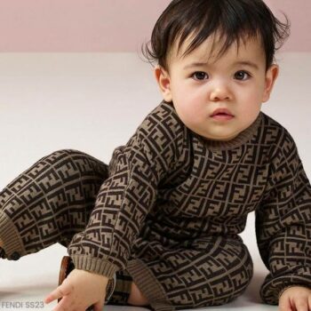 Fendi Baby Brown FF Logo EID Cotton Cashmere Knit Baby Romper