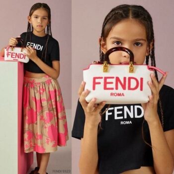 Fendi Kids Girls Black Roma T-shirt Brown Pink Rose Flower Skirt