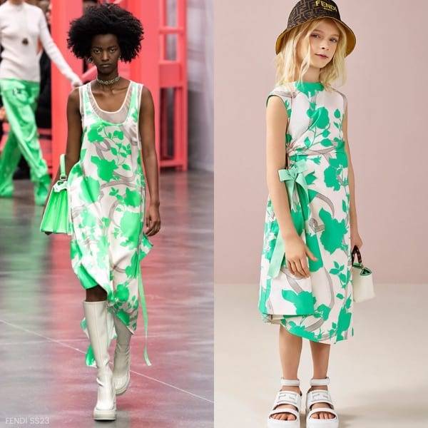 Fendi Kids Girls Beige Green Flower Roses Party Dress