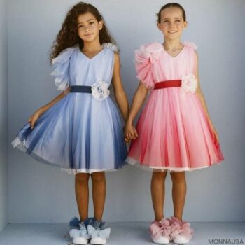 Monnalisa Chic Girls EID Blue Pink Tulle Ruffle Summer Party Dress