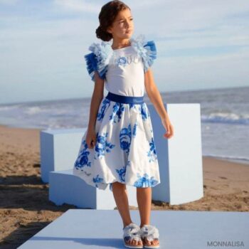 Monnalisa Chic Girls EID White & Blue Floral T-Shirt Skirt