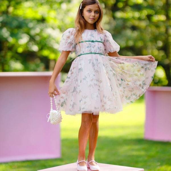 Monnalisa Chic Girls Eid Pink Floral Tulle Summer Party Dress