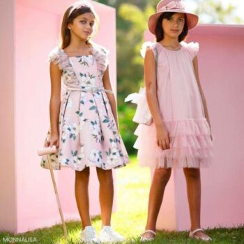 Monnalisa Chic Girls Eid Rose Pink Floral Satin Summer Party Dress