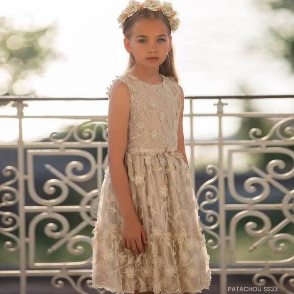 Patachou Kids Girls EID Gold Embroidered Flower Tulle Party Dress