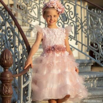 Patachou Kids Girls Pink EID Tulle Flower Tiered Party Dress