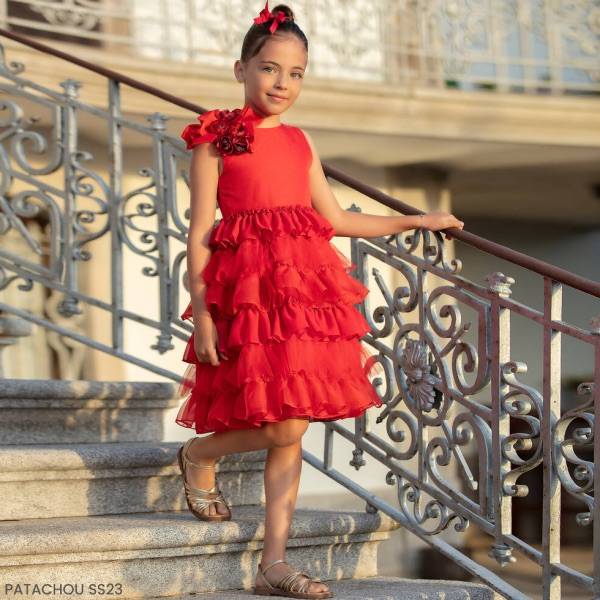 Patachou Kids Girls Red EID Satin Tulle Ruffle Sleeveless Party Dress