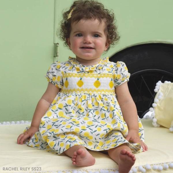 Rachel Riley Baby Girls Yellow Lemon Smocked Party Dress