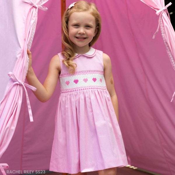 Rachel Riley Girls Pink Heart Striped Smocked Party Dress