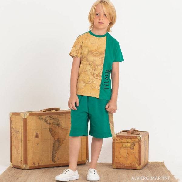 Alviero Martini Kids Boys EID Green Beige Geo Map T-Shirt Bermuda Shorts