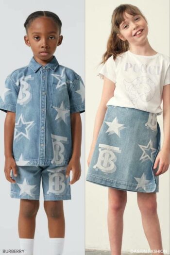 Burberry Kids Girls Light Blue Denim Monogram Star Logo Skirt Shirt Outfit