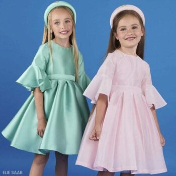 Elie Saab Girls Aqua Blue Pink Satin Flutter Sleeve Party Dress
