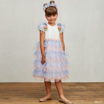 Graci Girls EID Pink Blue White Tulle Flower Summer Party Dress