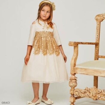 Graci Girls EID Ivory Gold Lace Tulle Birthday Party Dress