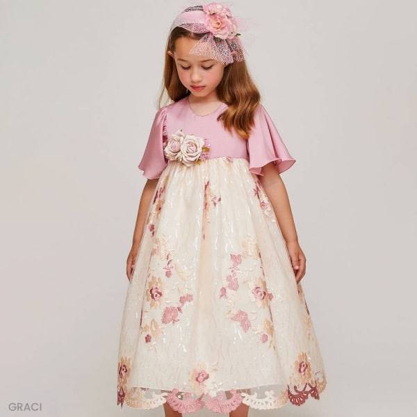 Graci Girls Pink Satin Embroidered Lace Summer Party Dress