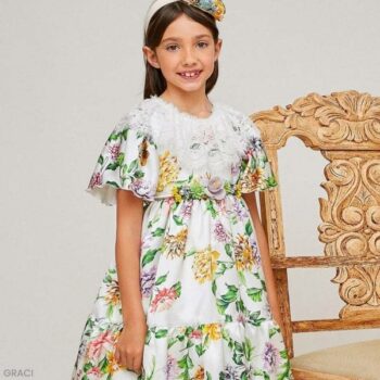 Graci Girls White Colorful Floral Satin Lace Summer Party Dress