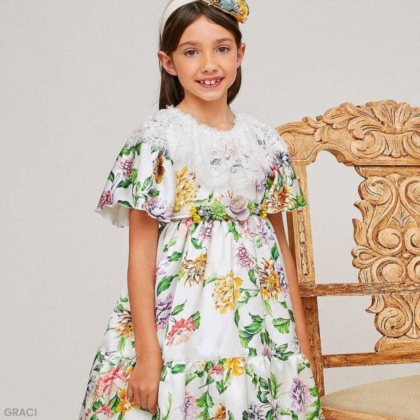 Graci Girls White Colorful Floral Satin Lace Summer Party Dress