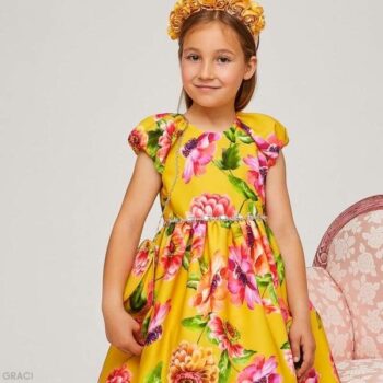 Graci Girls Yellow Floral Diamante Puff Sleeve Summer Party Dress