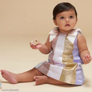 Hucklebones London Baby Girls EID Purple Gold Stripe Satin Summer Party Dress