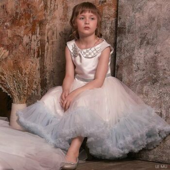 Le Mu Girls EID White Pale Blue Tulle Pearl Crystal Party Dress