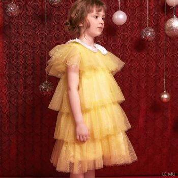 Le Mu Girls EID Yellow Gold Layered Tulle Special Occasion Dress