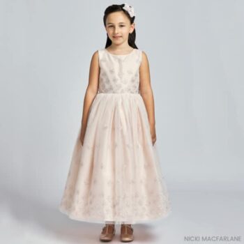 Nicki Macfarlane Girls Pink Silver Butterfly Satin Tulle Wedding Party Dress