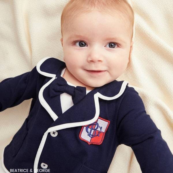 Beatrice & George Baby Boys Navy Blue White Blazer Crest Logo Babygrow