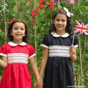 Rachel Riley Girls Red Navy Blue Hand Smocked Party Dress