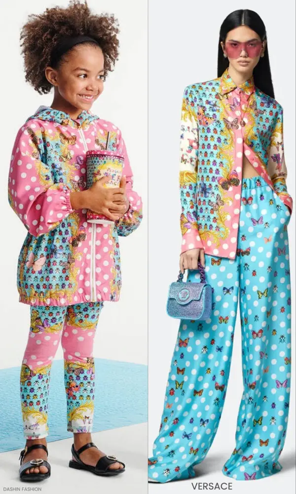 Young Versace Kids Girls Mini Me Pink Blue La Vacanza Butterfly Polka Dot Jacket Leggings Outfit
