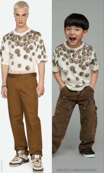 Dolce Gabbana Kids Boys Mini Me Ivory Roman Coin T-Shirt Brown Pants