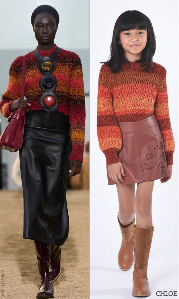 Chloe Kids Girls Mini Me Orange Sweater Leather Skirt