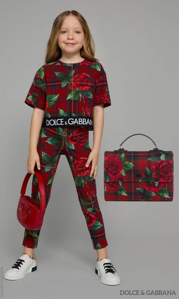 Dolce Gabbana Kids Girls Red Rose Tartan Backpack Back to School