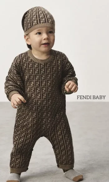 Fendi Baby Brown Playsuit Hat FF Logo Knit Cashmere