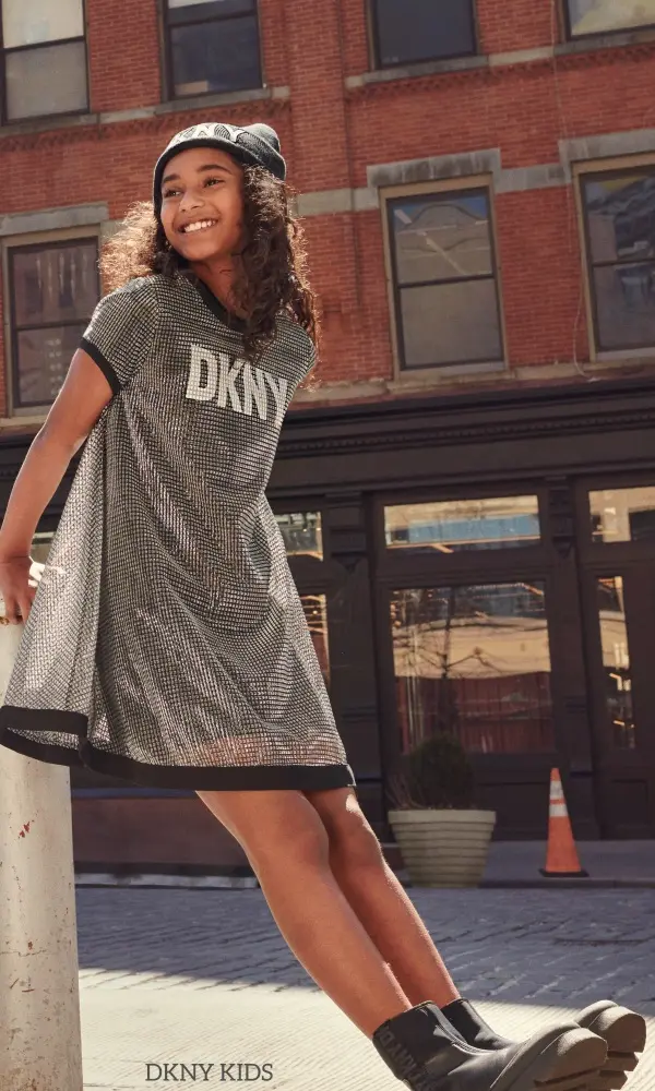 DKNY Kids Girls Sliver Black Logo Dress New York Streetwear
