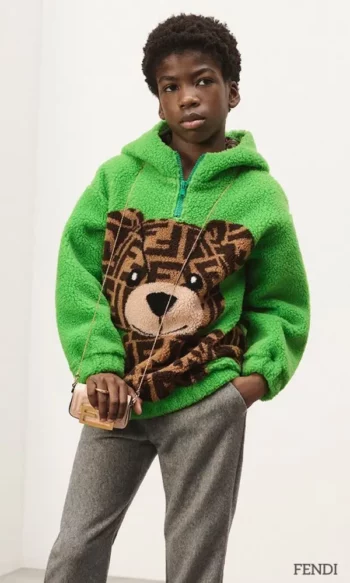 Fendi Kids Boys Green Teddy FF Wool Hoodie Sweatshirt