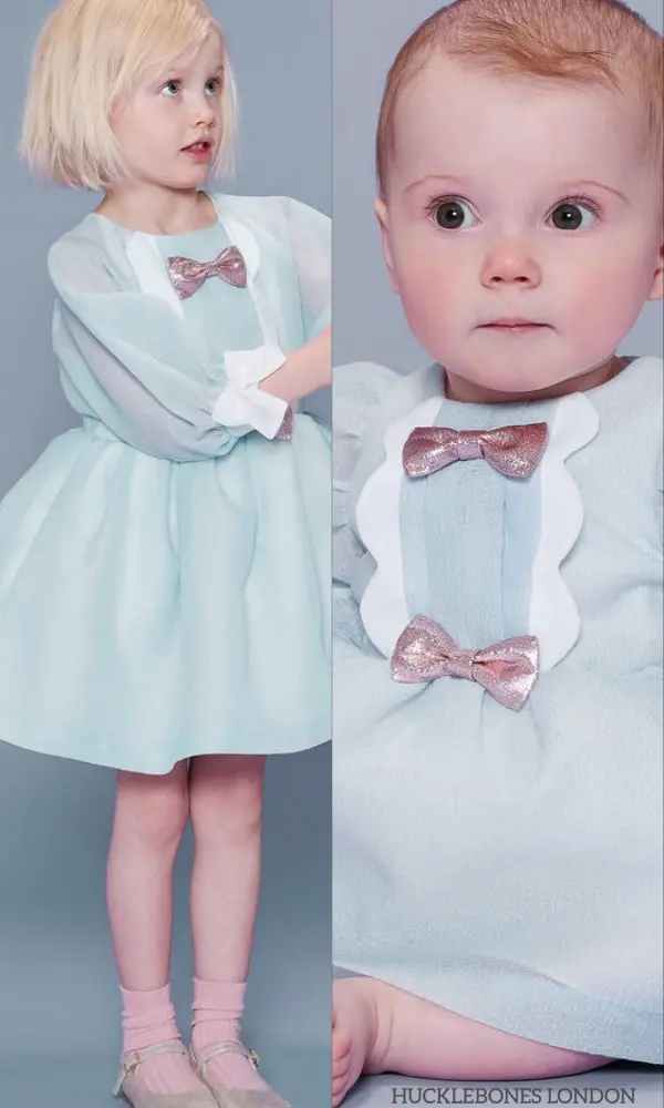 Hucklebones London Baby Girl Blue Pink Bow Party Dress