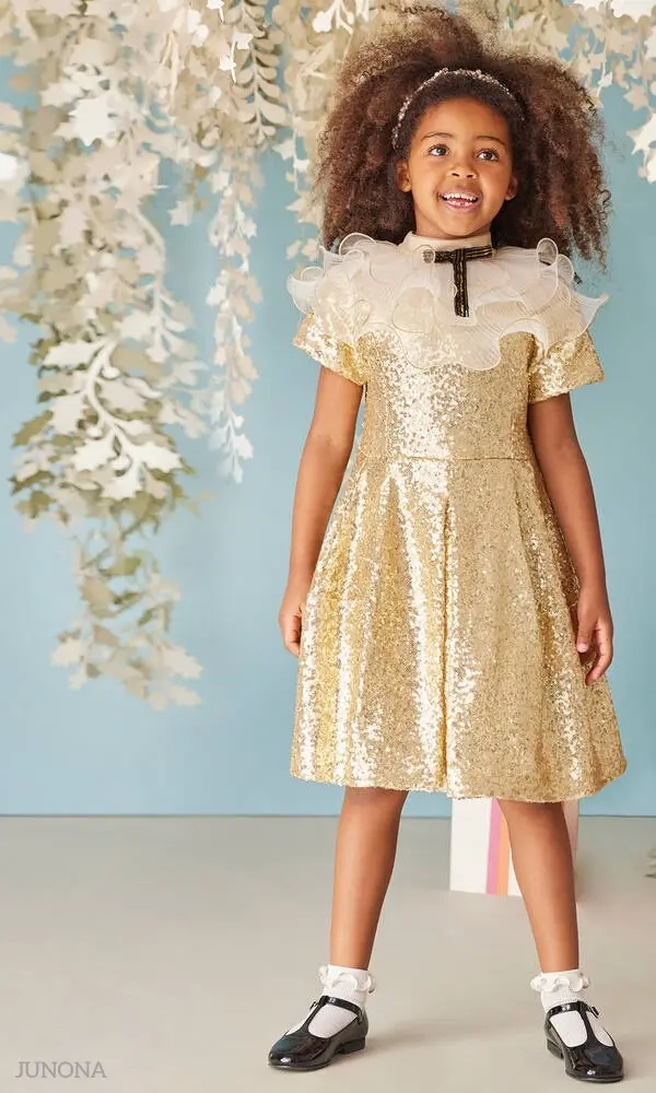 Junona Girls Gold Sequin Puff Sleeve Holiday Party Dress