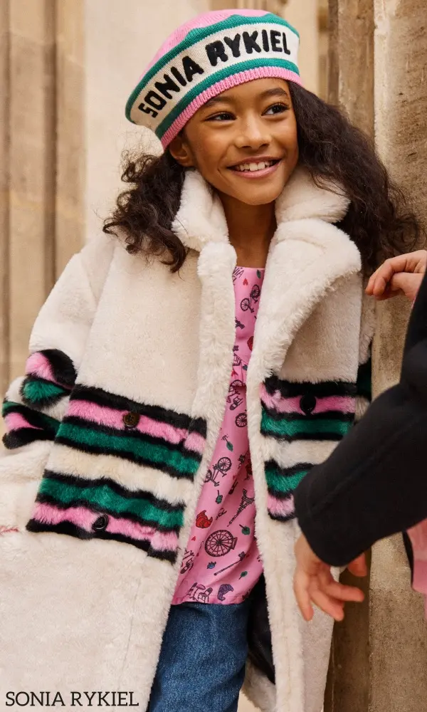 Sonia Rykiel Enfant Girls Ivory Pink Green Stripe Faux Fur Coat
