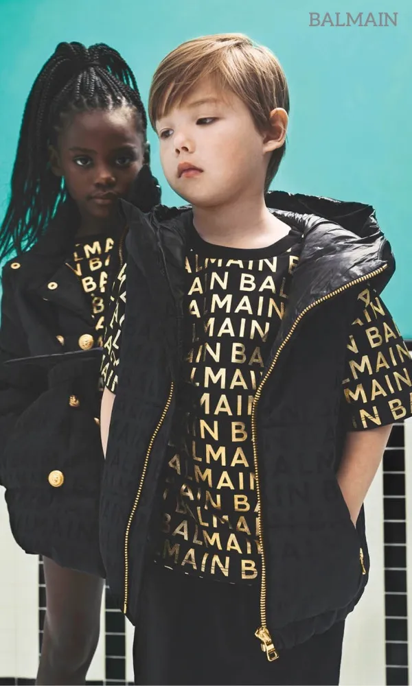 Balmain Kids Mini Me Black Metallic Gold Logo T-shirt