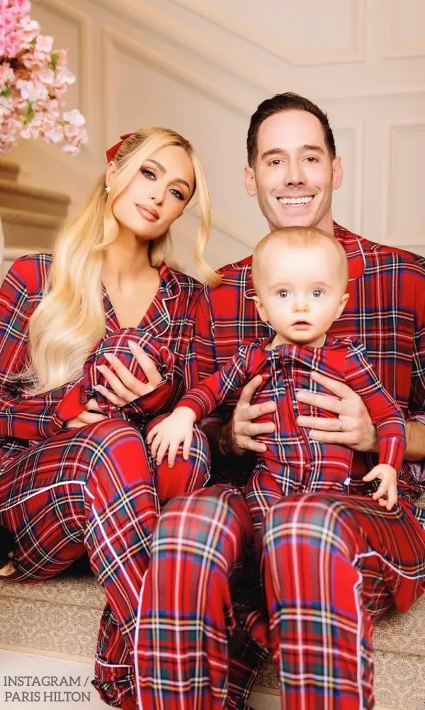 Paris Hilton Christmas Holiday Photo Posh Peanuts Poshmas Red Tartan Pajamas