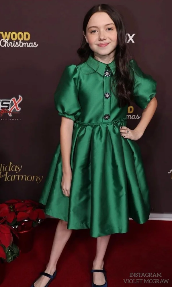 Violet McGraw HBO Christmas Mystery Mama Luma Green Party Dress