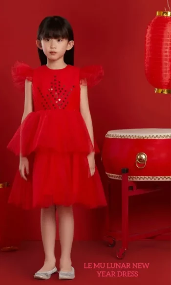 Le Mu Girl Red Tulle Dress Chinese Lunar New Year of the Dragon