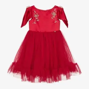 Le Mu Girls Red Satin Tulle Lunar New Year Dress
