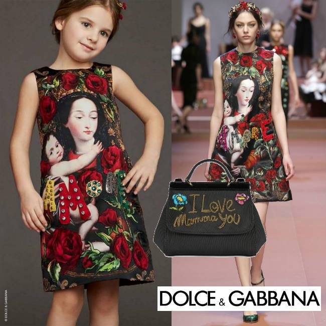 DOLCE & GABBANA Red Madonna & Child Silk Brocade Dress & Mamma Purse