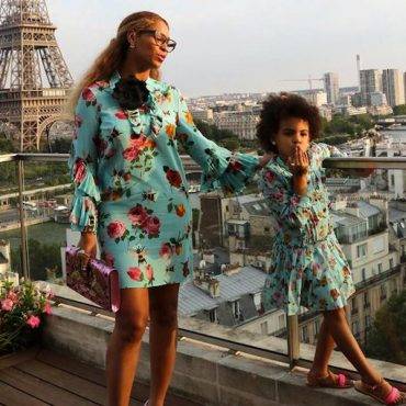 Beyonce Blue Ivy Mommy and Me Gucci Blue Floral Dress in Paris, France